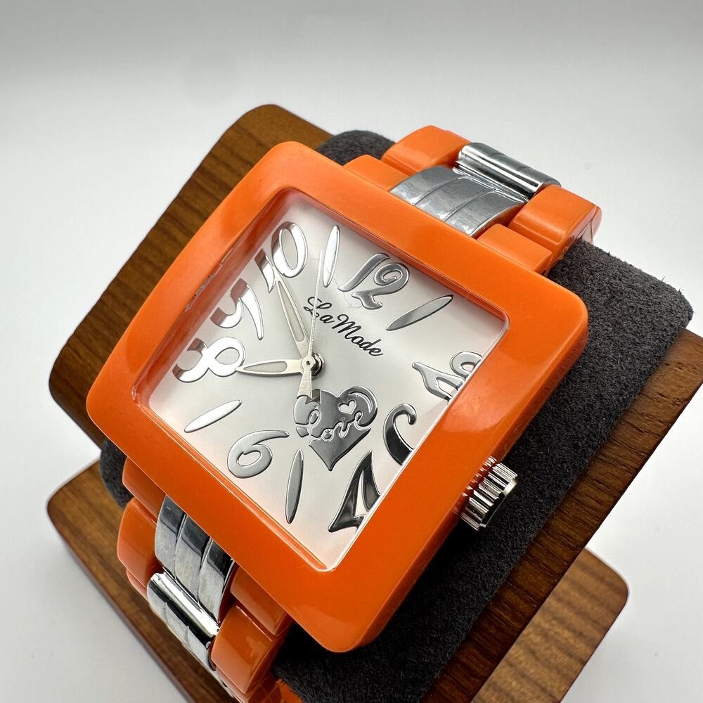 La Mode Women's Orange Square Quartz Watch Silver Tone Bracelet
